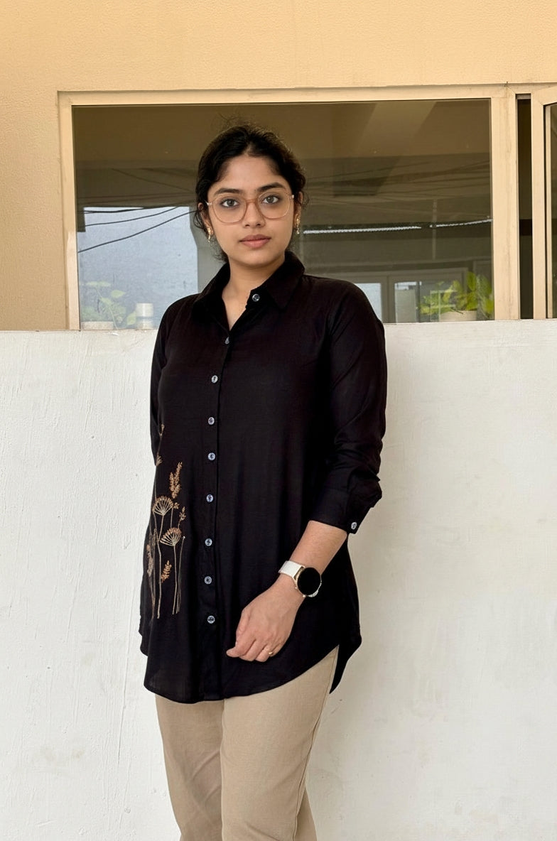 Linen Black Shirt for Women - Diwali Sale